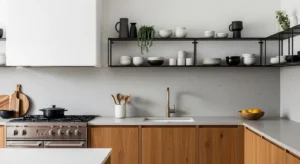 Mixed material pendant lights over modern kitchen island