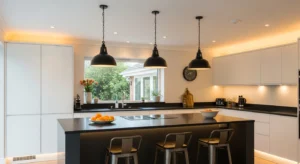 Matte black industrial pendant lights over white kitchen island