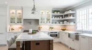 Glass front kitchen cabinets design