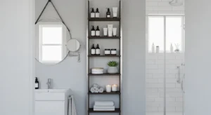 Slim vertical shelves for small bathroom storage