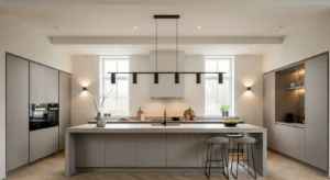 Linear multi-light pendant fixture over long kitchen island