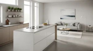 Alt text: Minimal decor open kitchen living room