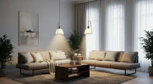 Pendant lighting in living room creating stylish focal point
