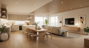 Light wood accents in open kitchen living room