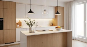 Minimal pendant lighting in Scandinavian kitchen