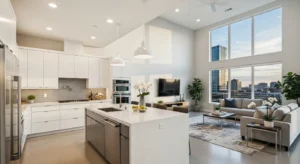 High ceiling open kitchen and living room