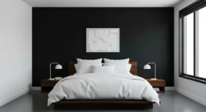 Black wall white bedding bedroom