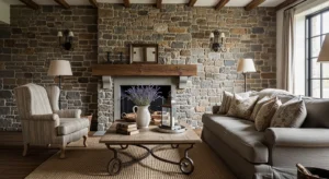 Stone wall French country living room