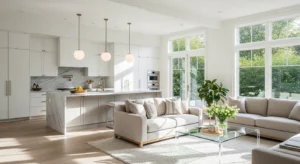 Glass elements in open concept kitchen and living room