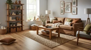 Wood tone brown living room design