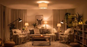 Living room with layered lighting using multiple light sources