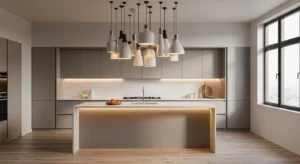 Clustered pendant lights arrangement over kitchen island