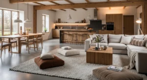 Neutral textured open kitchen and living room design