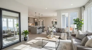 Mirror expanding open kitchen and living room space