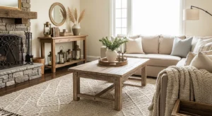 Distressed furniture French country living room