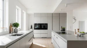 Handleless cabinets in Scandinavian kitchen