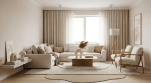 Warm neutral Japandi living room