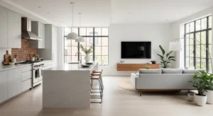 Matching flooring in open kitchen and living room