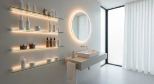 Glass shelves in bathroom for light and airy feel
