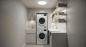 Stacked washer and dryer in small laundry room