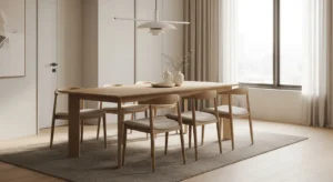 Minimalist wood dining table in modern home
