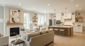 Seamless color palette open kitchen and living room design