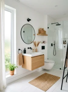 Minimal white bathroom with black and tan accents decor