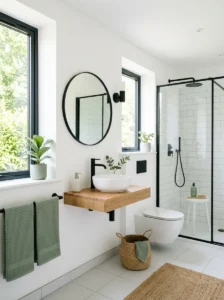 White bathroom with sage green accents and black fixtures