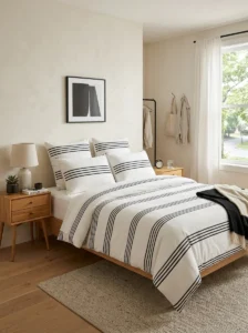 White bedding with black line patterns