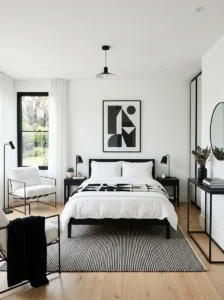 White bedroom with black accents modern design