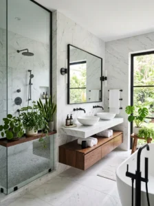 Marble bathroom with black fixtures and green plant accents