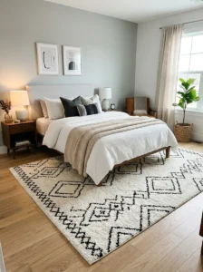 White rug with black details in bedroom