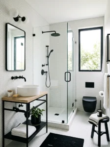 White penny tile with black accents
