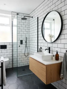 White subway tile with black grout bathroom