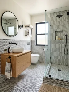 White penny tile with black grout bathroom