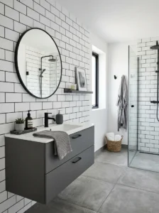 White tile black grout bathroom