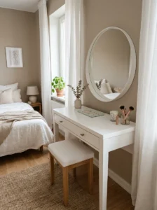 Minimal white vanity table with clean setup