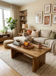 Natural wood accents adding warmth to living room decor