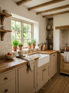 Warm wood countertops adding texture to cottage kitchen