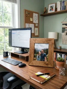 Personal touches making rustic office cozy