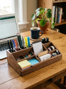 Wooden organizer keeping desk tidy