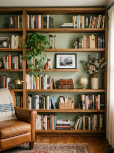 Wooden shelves adding storage and warmth