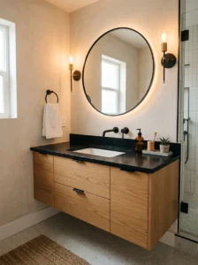 Tan vanity bathroom with black countertop and cozy design