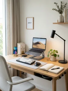 Clean and inspiring work desk setup with minimal decor, plant, lamp, and organized workspace