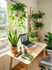Office desk with indoor plants adding natural freshness