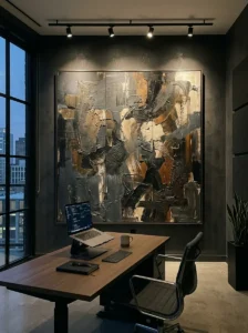 Abstract office wall art highlighted with directional shadow lighting