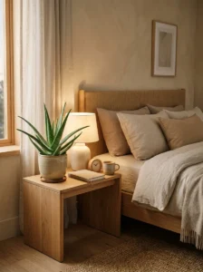 Aloe vera plant on bedside table in a minimalist cozy bedroom with warm neutral decor.