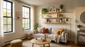 Modern rental apartment decorated with renter-friendly decor ideas and cozy neutral styling