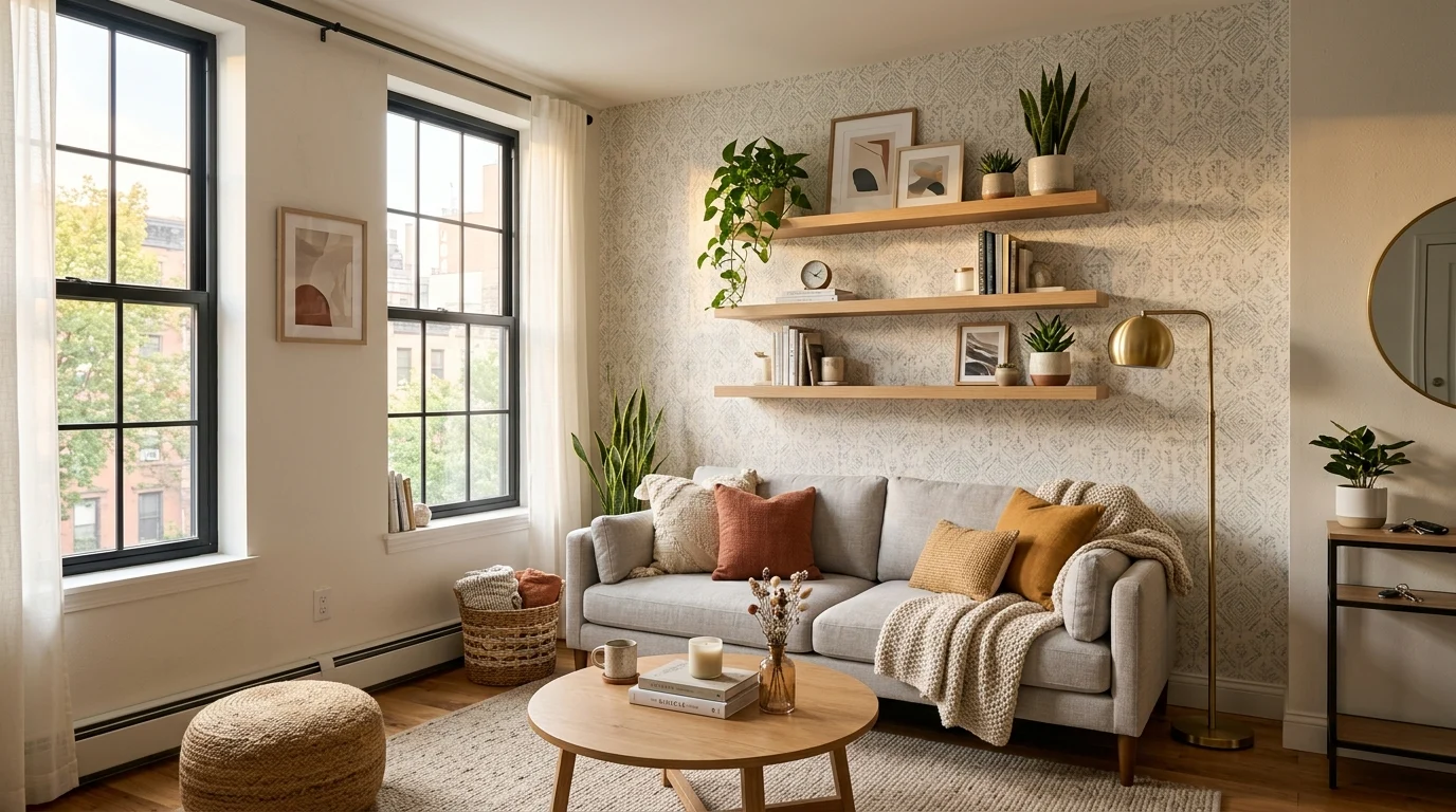 Modern rental apartment decorated with renter-friendly decor ideas and cozy neutral styling