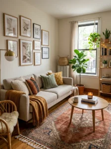 Cozy rental apartment decorated with textiles, plants, and personal decor
